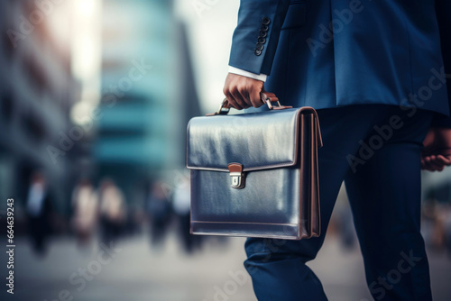 business person holding briefcase walking in street photo