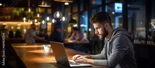 young professional man working on laptop in cafe shop in evening