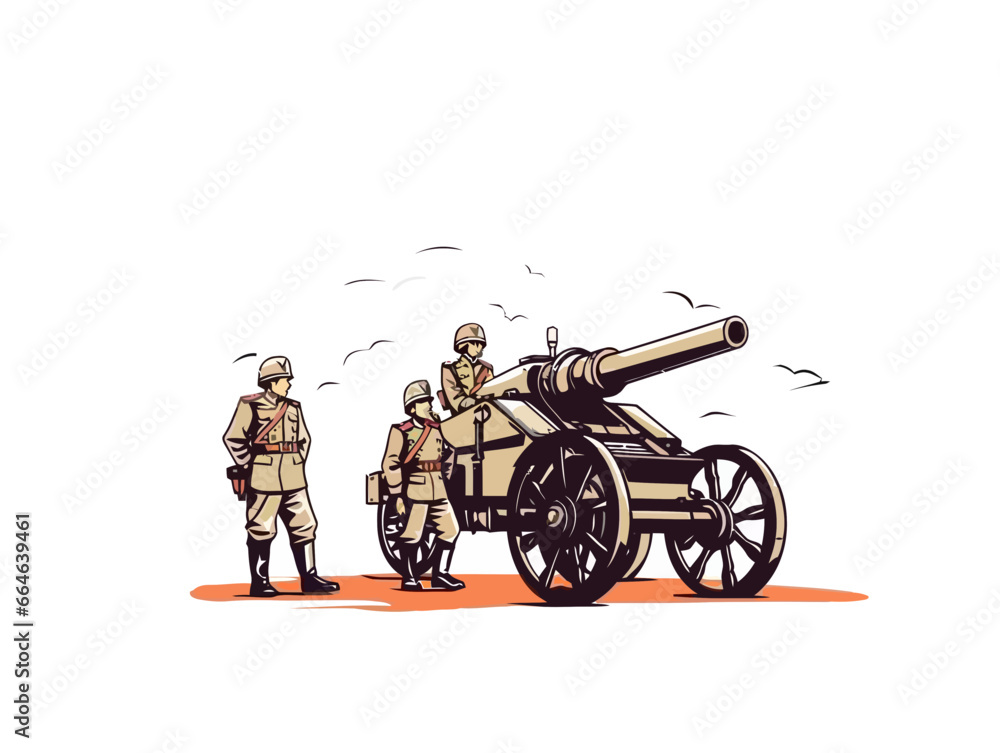 Fototapeta premium Doodle Soldiers with cannons, cartoon sticker, sketch, vector, Illustration, minimalistic