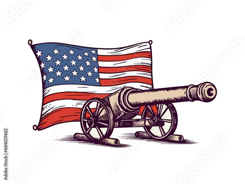 Doodle American flag with cannon, cartoon sticker, sketch, vector, Illustration, minimalistic