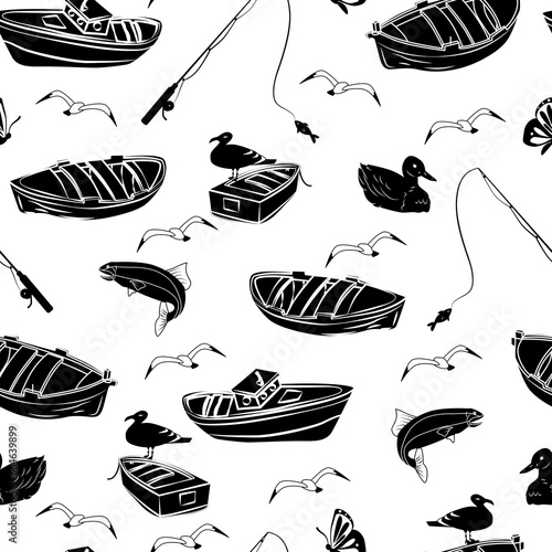 fishing boats and ducks seamless pattern