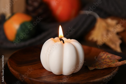 Beautiful autumn composition with candle and pumpkins on brown wooden background