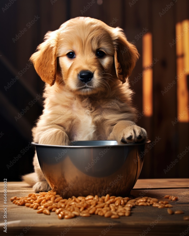 Φωτογραφία A golden retriever puppy is sitting in a bowl of food