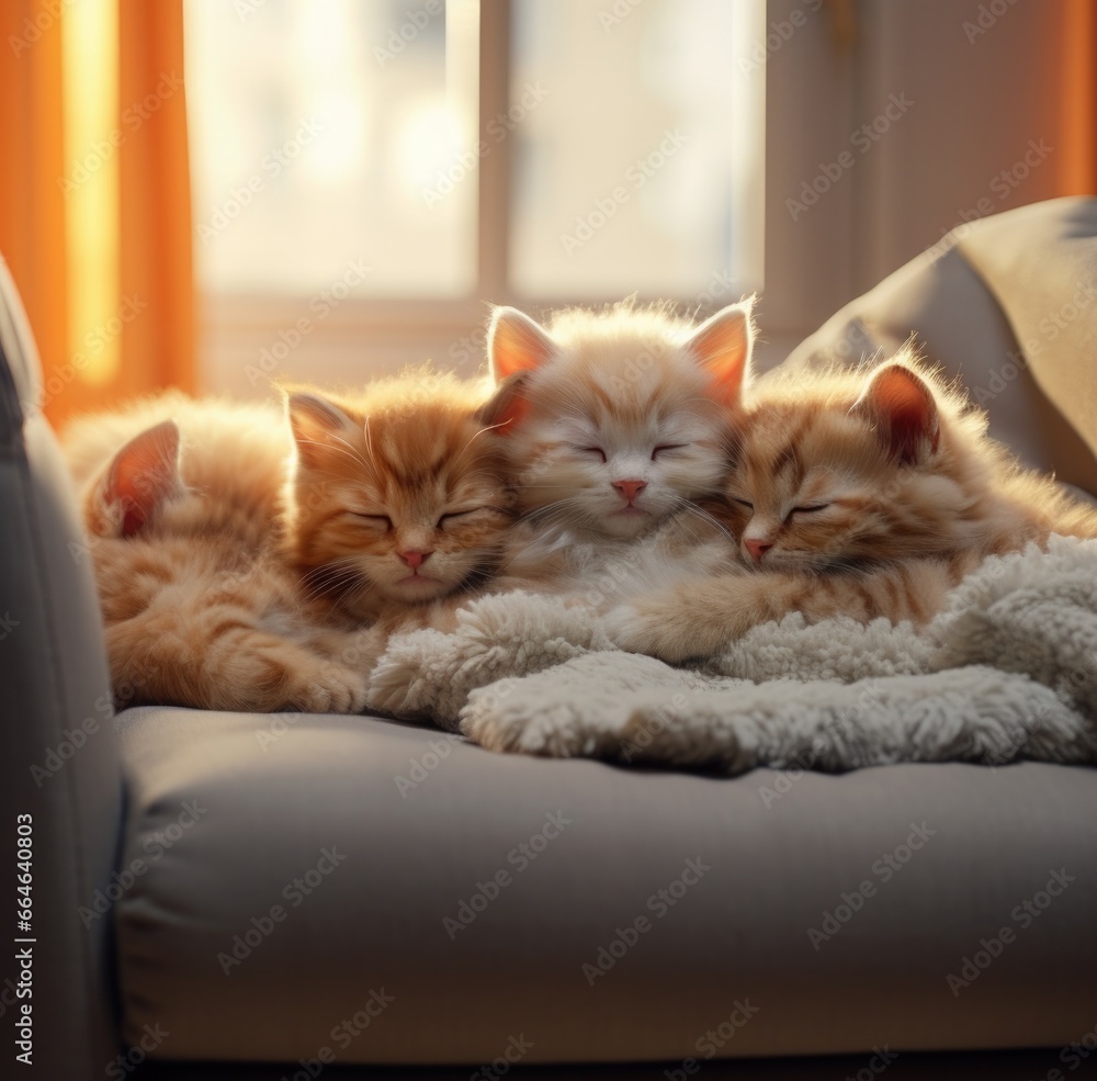 Three kittens are on top of a couch. Generative AI.