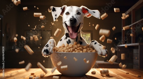 A dalmatian dog sitting in a bowl of dog food. Generative AI.
