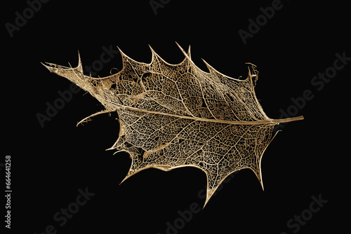 Fotografie A decomposed holly leaf isolated on a black background