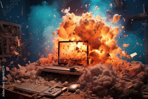 Disastrous Computer desktop exploding. Home accident. Generate Ai