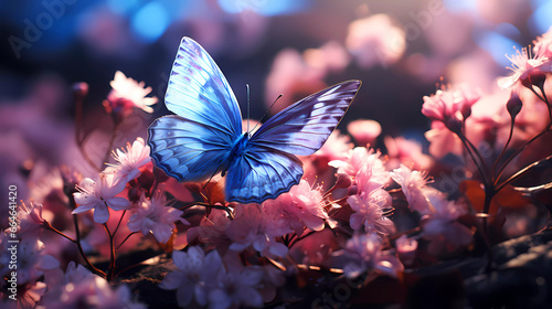 A butterfly flying over a field of flowers with purple and blue colors in the background and a blurry background © junaid