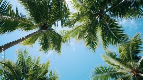 Get lost in the stunning symmetry of palm fronds against a clear blue sky, creating a sense of harmony and tranquility in the heart of a tropical paradise.