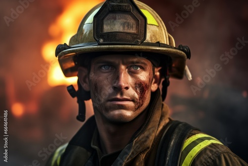 Courageous Fireman with helmet. Flame rescue. Fictional person. Generate Ai © juliars