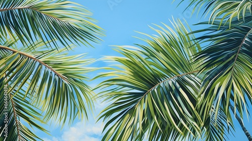 Get lost in the stunning symmetry of palm fronds against a clear blue sky  creating a sense of harmony and tranquility in the heart of a tropical paradise.