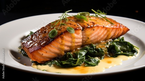 glistening caramelization on a perfectly seared salmon fillet, served with a side of lemon butter sauce.