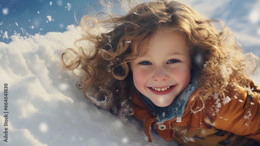 Curly-haired child with a gleeful smile in snow Curly-haired child with a gleeful smile in snow