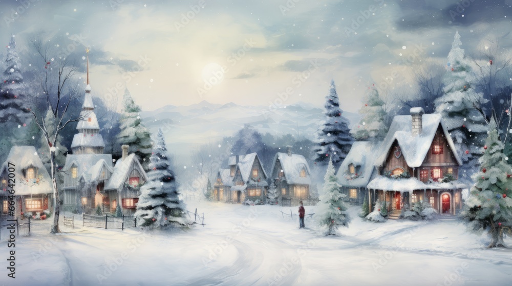 Fototapeta premium Magical Christmas night scene. Winter village landscape.