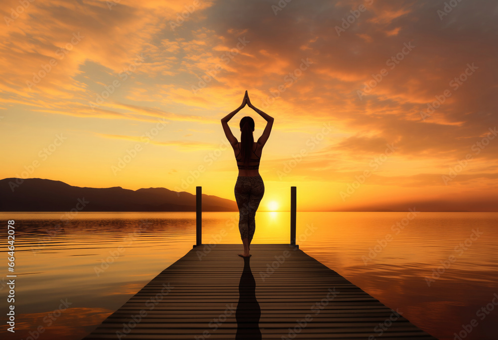 Fototapeta premium woman doing yoga in front of the sea on sunset