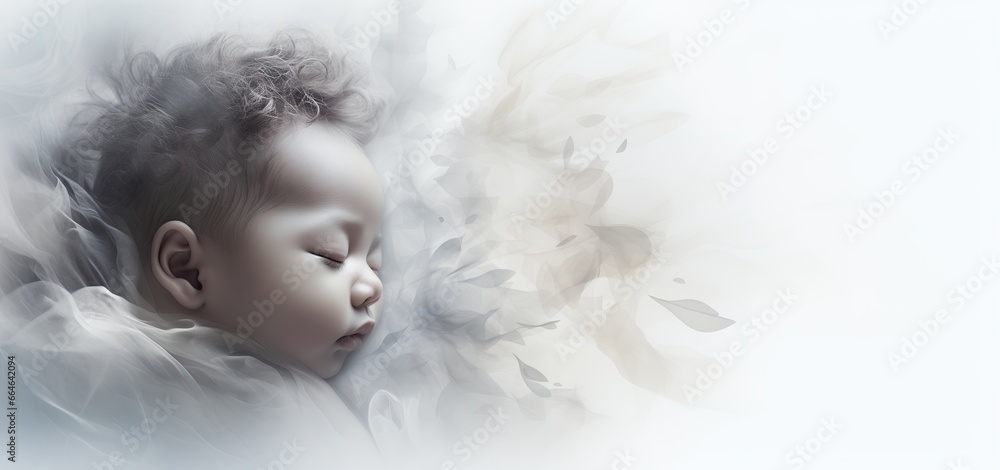Condolence, grieving, loss, funerals, for sudden death of  newborns (SIDS). African baby lying on soft and neutral background for showing a tragic reality and familial mourning. 