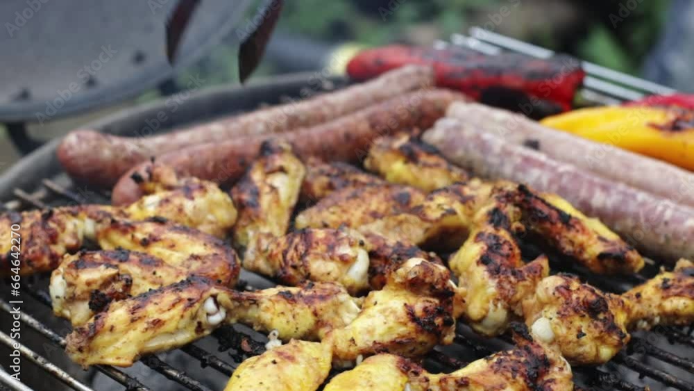 The hand of a young caucasian man flips with tongs tasty and appetizing grilled chicken wings with sausages standing in the backyard of the house, top view close-up in slow motion with tracking to the The hand of a young caucasian man flips with tongs tasty and appetizing grilled chicken wings with sausages standing in the backyard of the house, top view close-up in slow motion with tracking to the