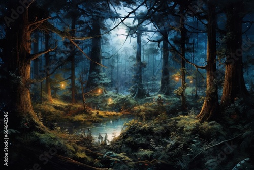 Nocturnal woodland landscape. Generative AI