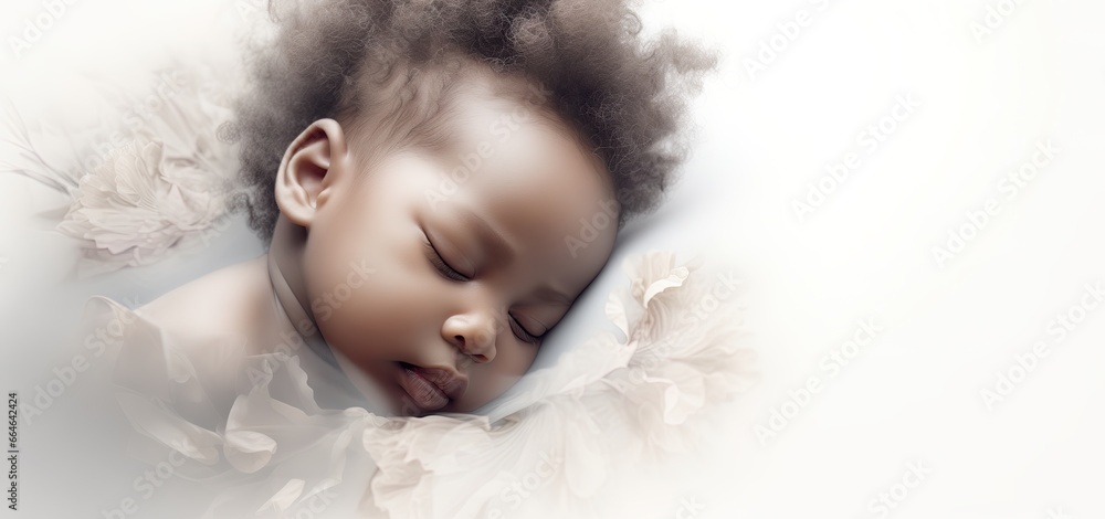 Condolence, grieving, loss, funerals, for sudden death of newborns (SIDS). African baby lying on soft and neutral background for showing a tragic reality and familial mourning. Condolence, grieving, loss, funerals, for sudden death of newborns (SIDS). African baby lying on soft and neutral background for showing a tragic reality and familial mourning.