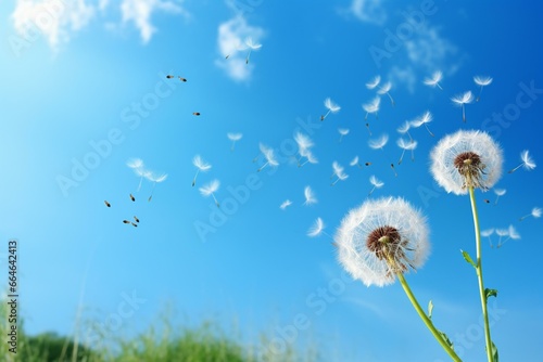 Blowing dandelion against blue sky. Generative AI
