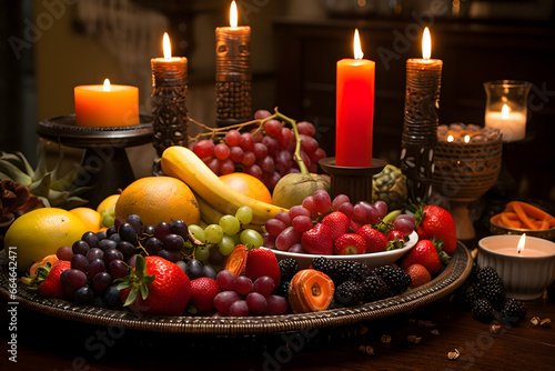 Kwanzaa Celebration, Seven Candles and Fruits in Traditional Set-Up photo