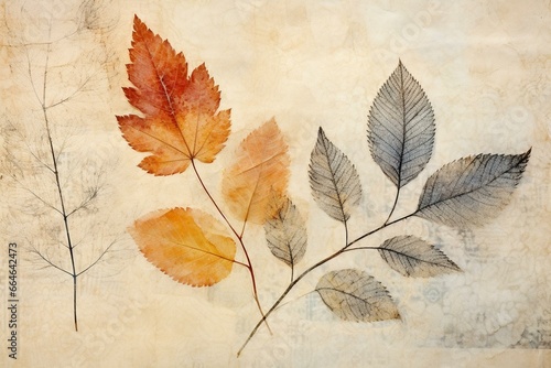Image of ecoprint leaves on vintage background with natural color. Handwork imprint of real plant on paper. Generative AI