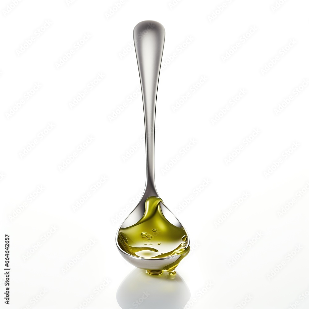 Glistening olive oil in spoon against a white backdrop