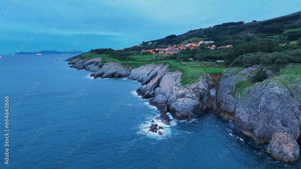 Cliffs in the surroundings of La Milla Medida de Islares. Aerial view from a drone. Castro Municipality. Cantabrian Sea. Cantabria. Spain. Europe Cliffs in the surroundings of La Milla Medida de Islares. Aerial view from a drone. Castro Municipality. Cantabrian Sea. Cantabria. Spain. Europe