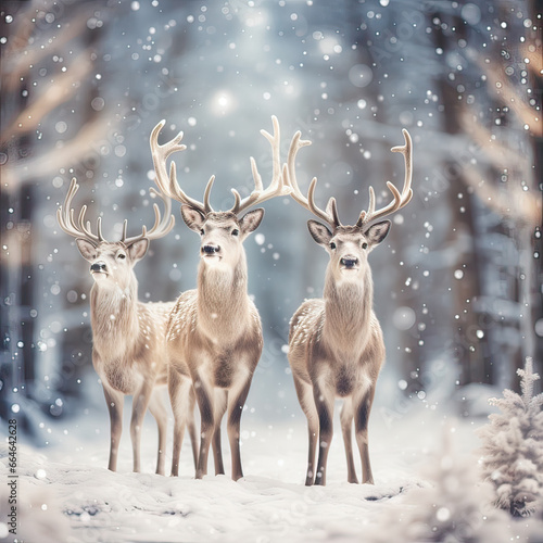 Three Elegant reindeers against snowy winter forest background. Holiday Christmas and New Year greeting card concept. © Roxana