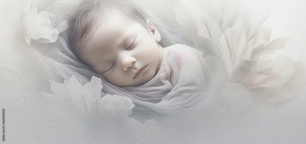 Caucasian small child with soft flowers. Concept of neonatal mortality. Loss, funerals, childbirth, pediatric bereavement. Awareness. Infant funeral. Coping with Sudden Infant Death Syndrome (SIDS). 