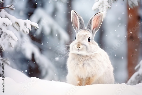 Cute rabbit or hare against snowy winter forest background. Holiday Christmas and New Year greeting card concept.