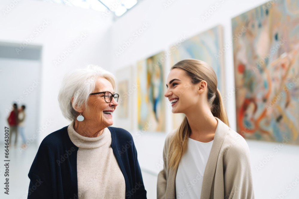 Portrait of a young woman, art academy student at a contemporary exhibition at the museum of contemporary art. Talks about art to teacher curator in gallery. In the background abstract paintings Portrait of a young woman, art academy student at a contemporary exhibition at the museum of contemporary art. Talks about art to teacher curator in gallery. In the background abstract paintings