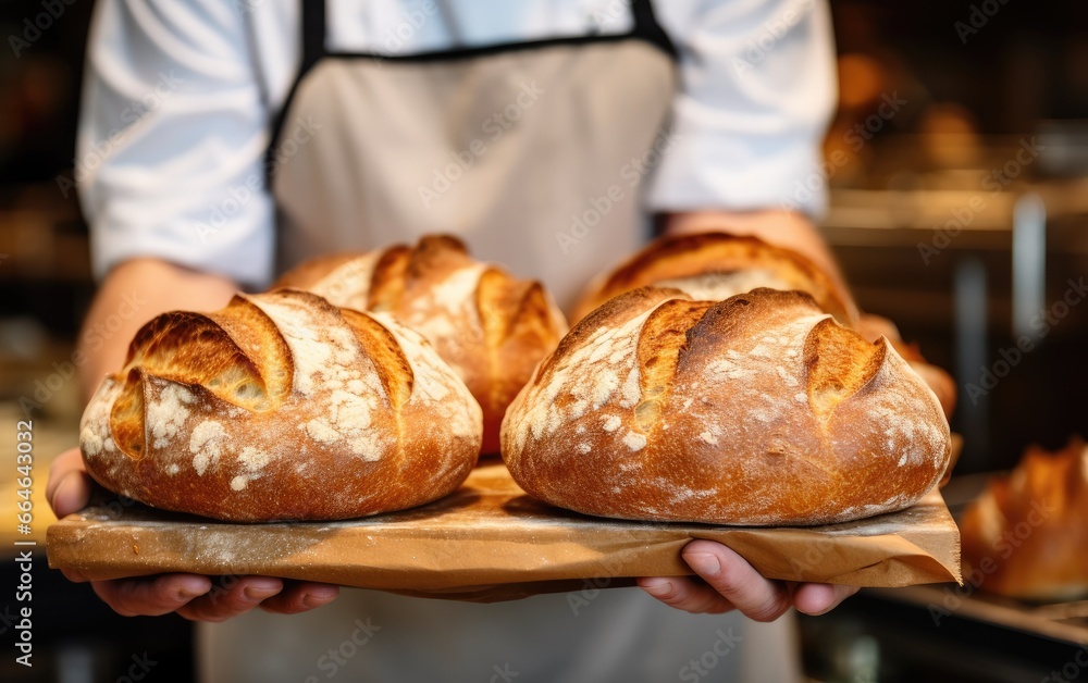 Fresh bread in male baker hands