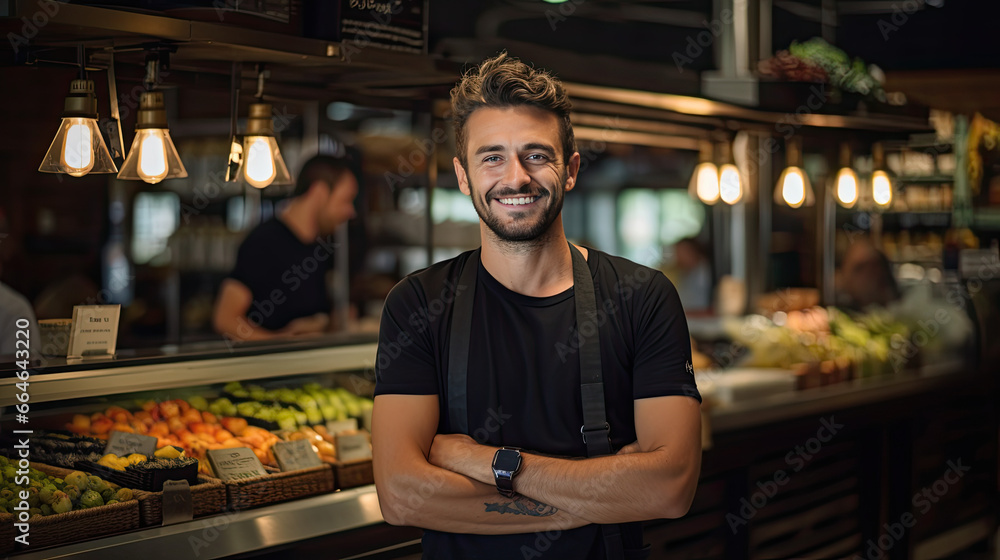 Checking Out with Style: Market Male Cashier Portrait Captured With Sigma 35mm Checking Out with Style: Market Male Cashier Portrait Captured With Sigma 35mm