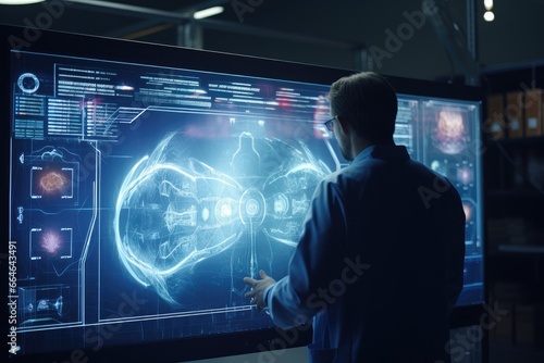 Futuristic Scientist Analyzing Holographic Earth Interface with Digital Icons on Transparent Screen in Dimly Lit Lab
