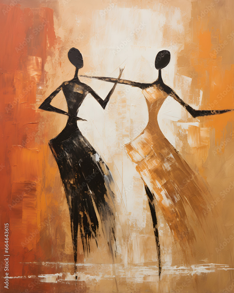 Abstract Ballet Girls Oil Painting On Canvas - Ballerina Dress Dancer Textured Hand Painted Painting - African girls dancing illustration oil painting watercolor art - obrazy, fototapety, plakaty 