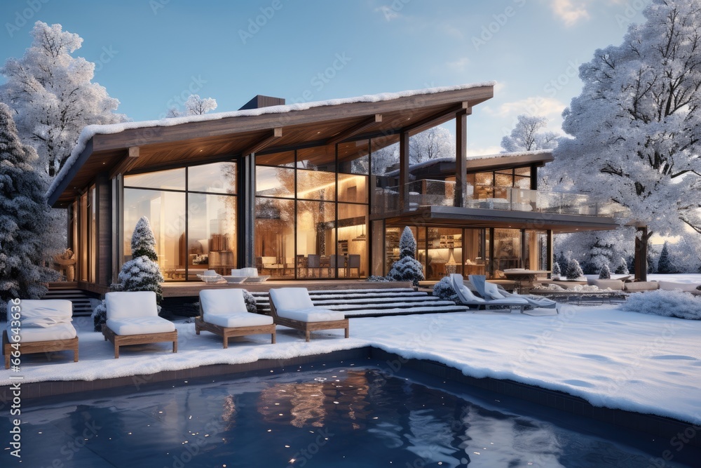 Sunrise Winter Retreat: Modern Glass-Walled Home Overlooking Snow-Covered Landscape with Heated Pool, and Loungers