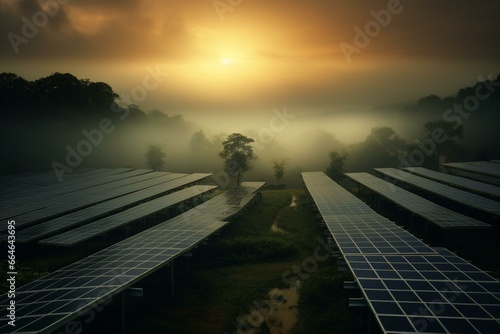 Dusk scene, misty countryside, rows of solar panels, nourished by winter sun. Generative AI