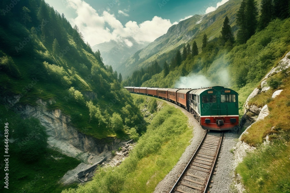 Train moves through mountains. Generative AI
