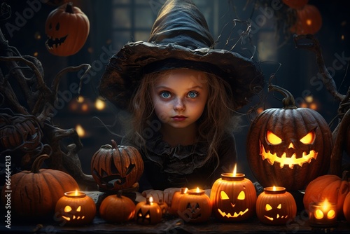 Young witch with pumpkins in a magical Halloween scene