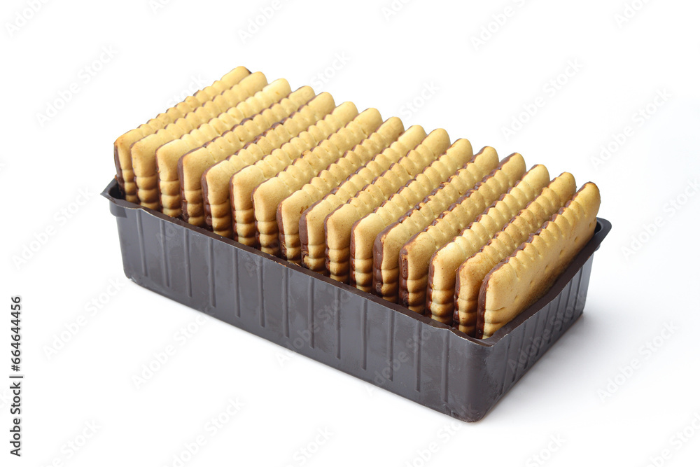Stack of chocolate dipped wafer biscuits in plastic isolated on white background Stack of chocolate dipped wafer biscuits in plastic isolated on white background