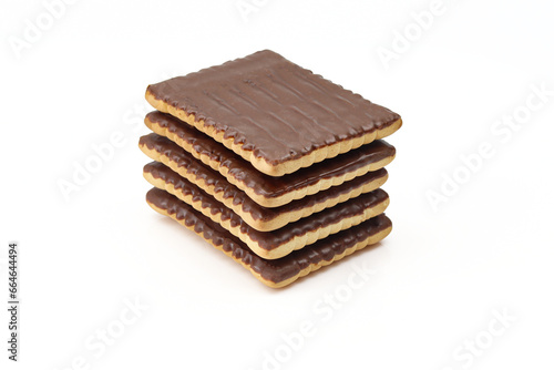 Stack of rectangle shape chocolate covered biscuits isolated on white background