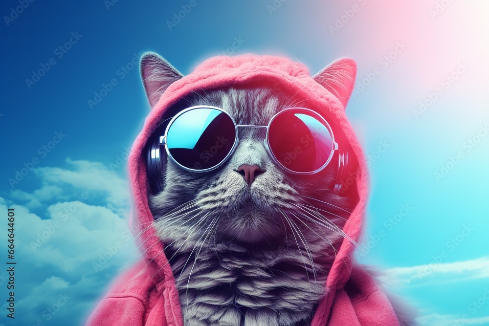Chilled cat in pink hoodie soaking up the sky