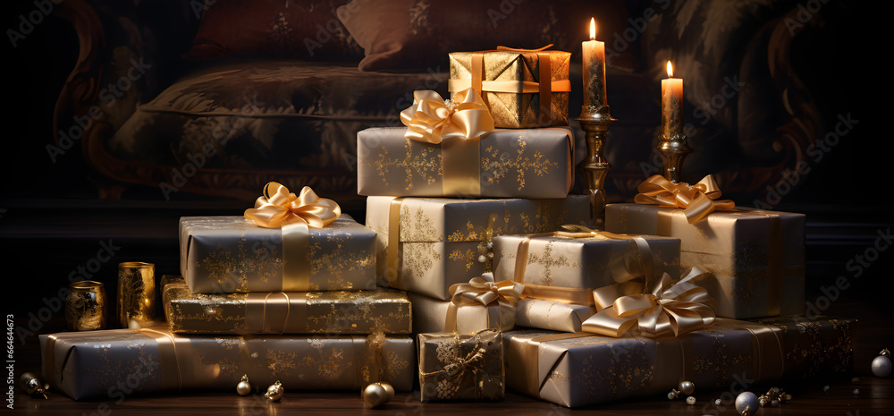 Gifts Galore, A Dazzling Display of Celebration and Gold Ornaments Gifts Galore, A Dazzling Display of Celebration and Gold Ornaments
