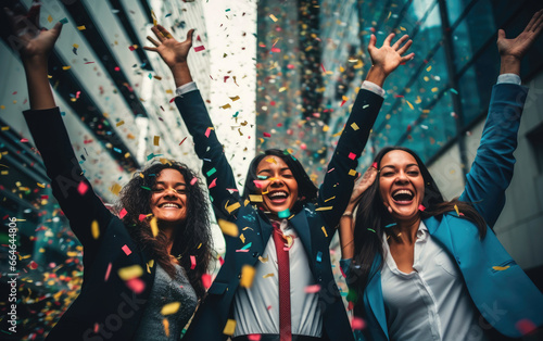 Office young workers standing happy with hands up and confetti falling