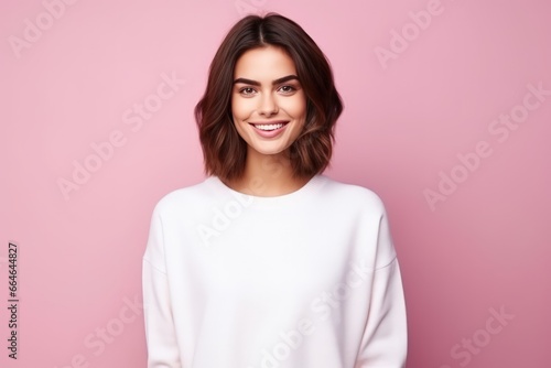 lady in white mockup sweater, standing in pink studio background © Enigma