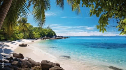 Immerse yourself in the allure of a secret beach hidden amidst lush palm trees, with the inviting, crystal-clear waters beckoning you to dive in.