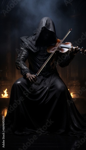 A mystical figure in a black robe plays the evil music of death on a violin.