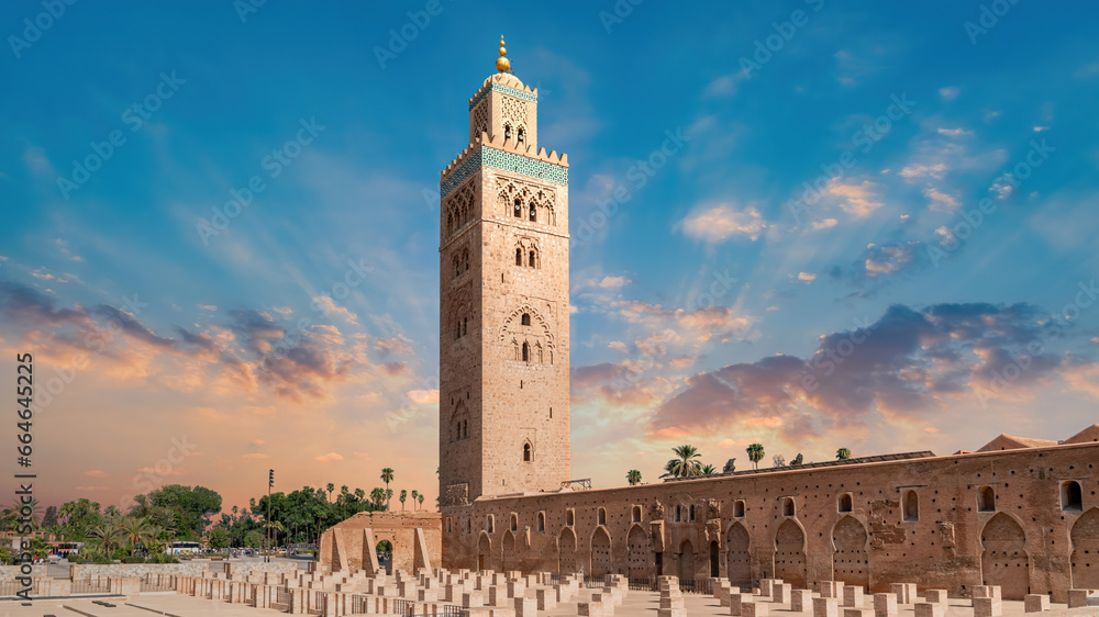 Koutoubia Mosque during sunset. Located at Marrakesh medina quarter, it is the largest and most iconic mosque in Marrakesh, Morocco.