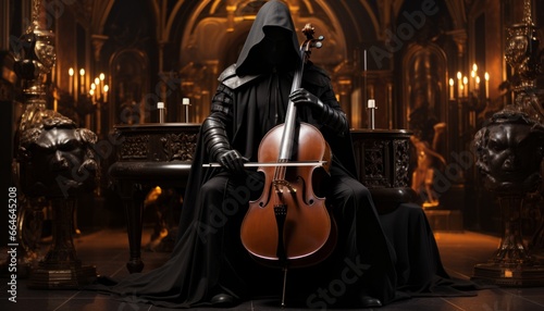 A mystical figure in a black robe plays a cello violin in a Gothic style.